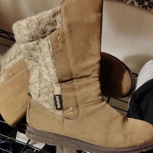 Muk Luks Tan Suede Knit-Trim Winter Boots